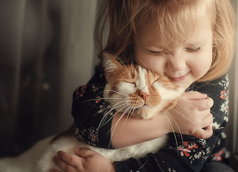 A young girl with blonde hair, dreaming of becoming a veterinarian, embraces a relaxed orange and white cat. The child, wearing a dark floral-patterned top, closes her eyes and smiles joyfully. The cat appears content with its eyes closed, leaning into the hug.