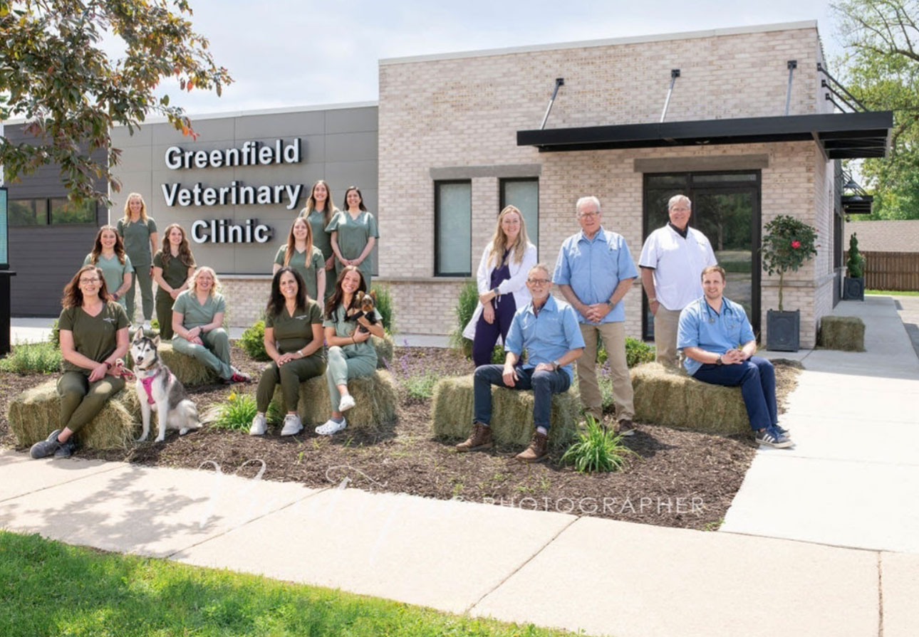 A group of veterinary staff, including men and women in uniforms, pose with a dog outside the Greenfield Veterinary Clinic building on a sunny day. Hay bales are used as seats in the landscaped front area.